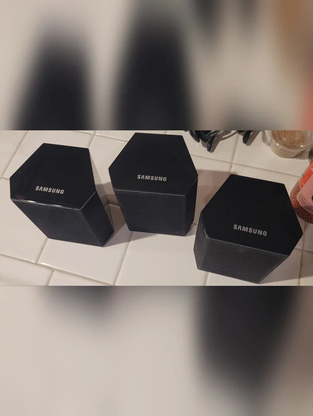 black Samsung PS-FS1-1 surround sound speakers